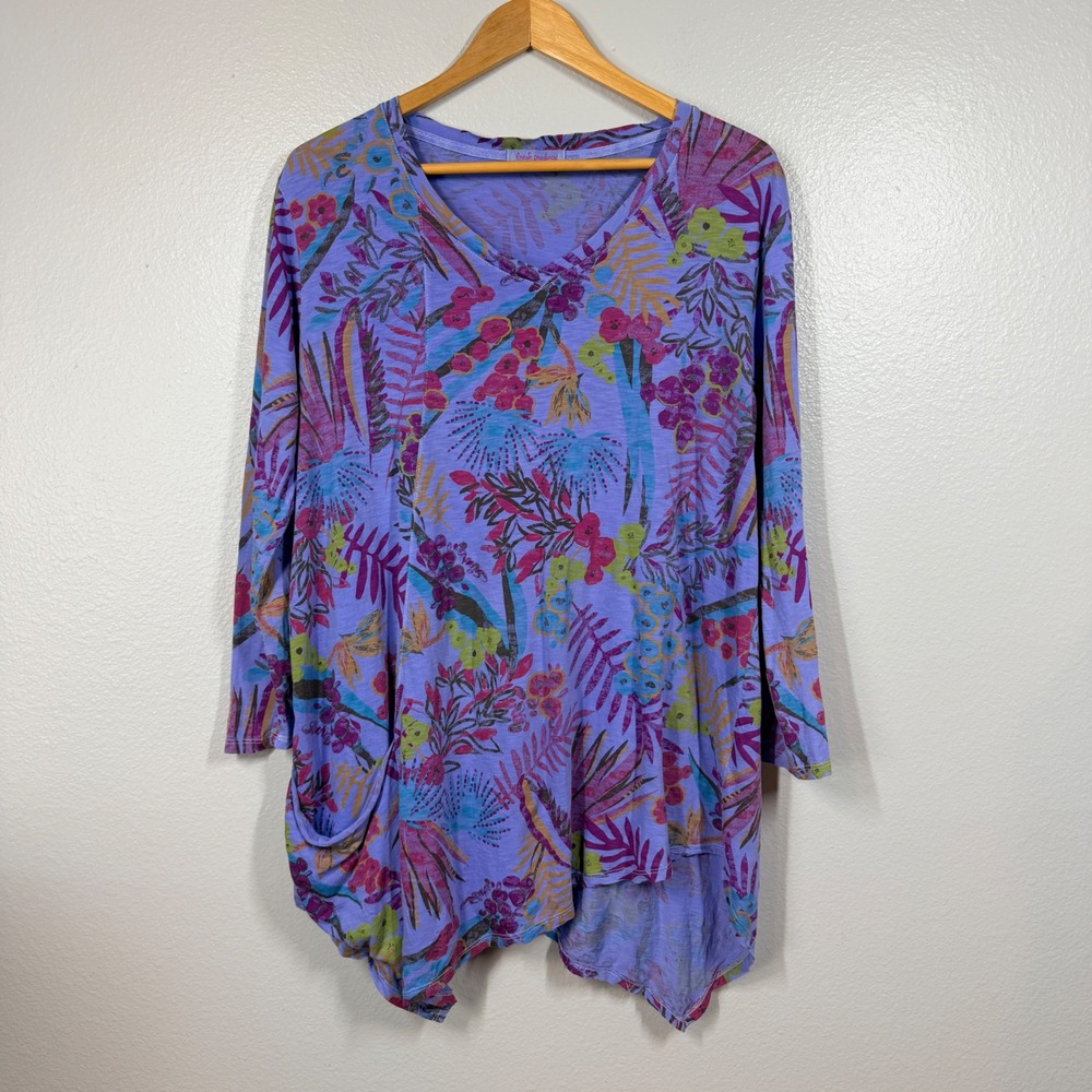 Fresh Produce Tunic Women Large Purple Floral Asymmetrical Cotton V-Neck USA